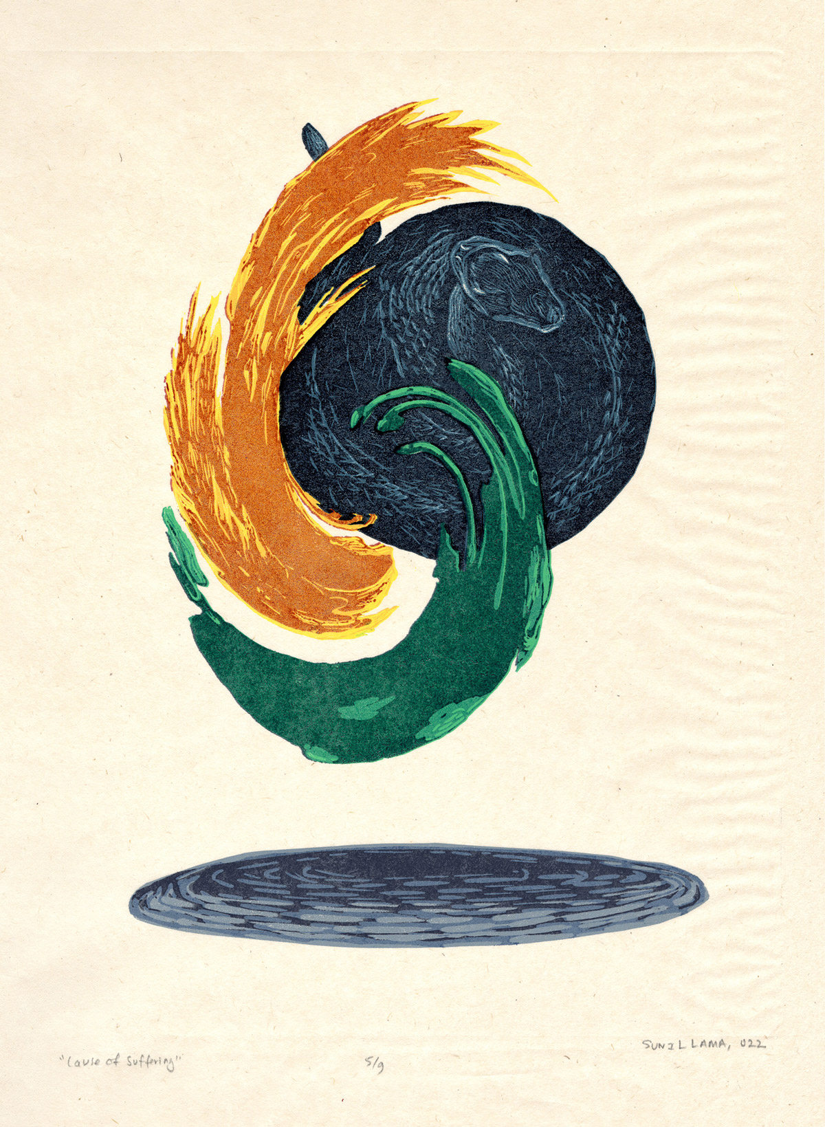 On the left side yellow swirl of a rooster, green swirl image of a pig against a gray background.