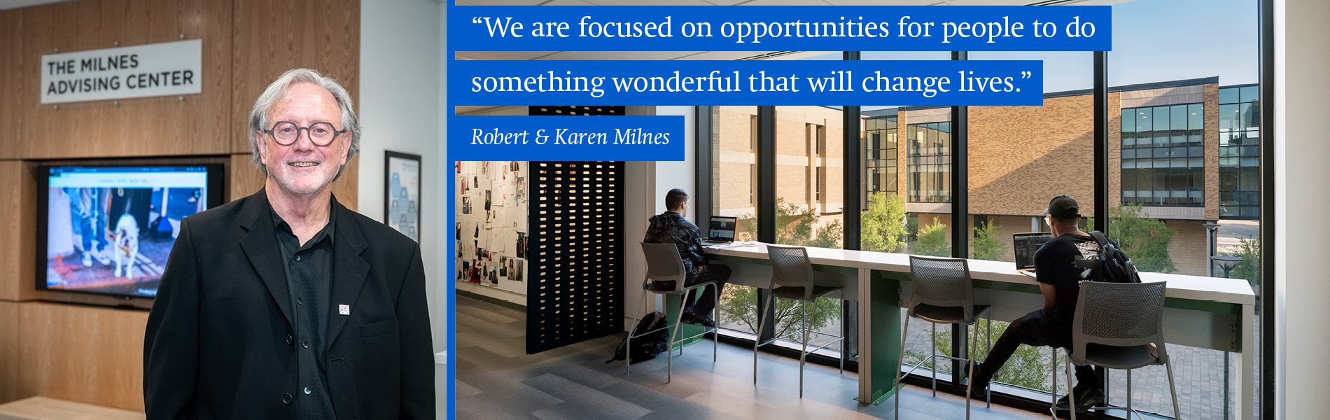 Robert Milnes facing forward, smiling in the Milnes Advising Center