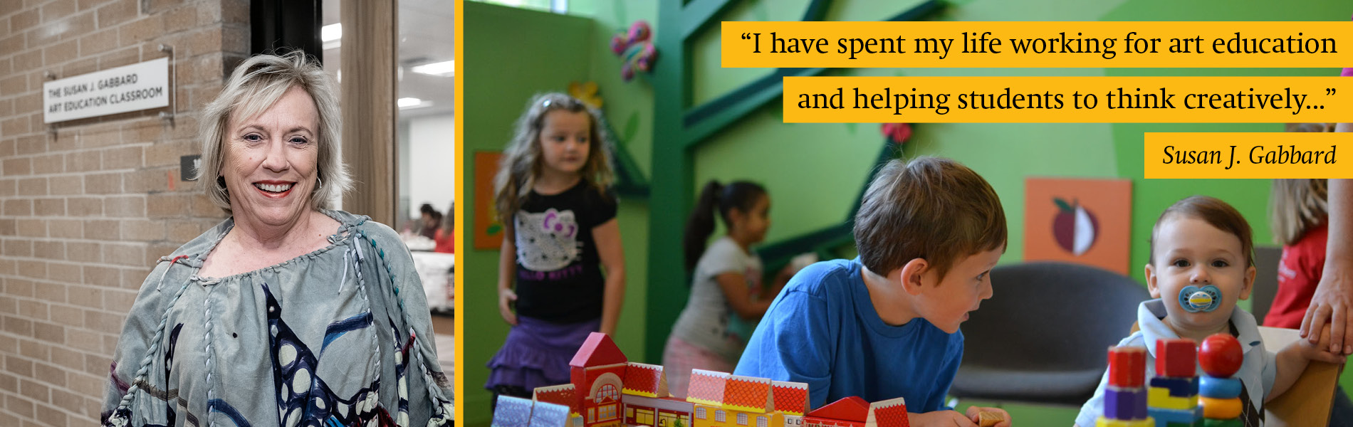 Susan Gabbard, alum, and children in an art class.