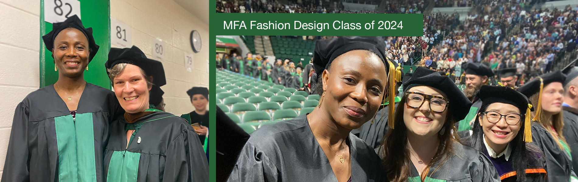  One smiling graduate next to their faculty advisor in their caps and gowns in a hallway standing, and another of two graduates next to their faculty advisor smiling in their caps and gowns in the graduation venue with a large audience in the background.