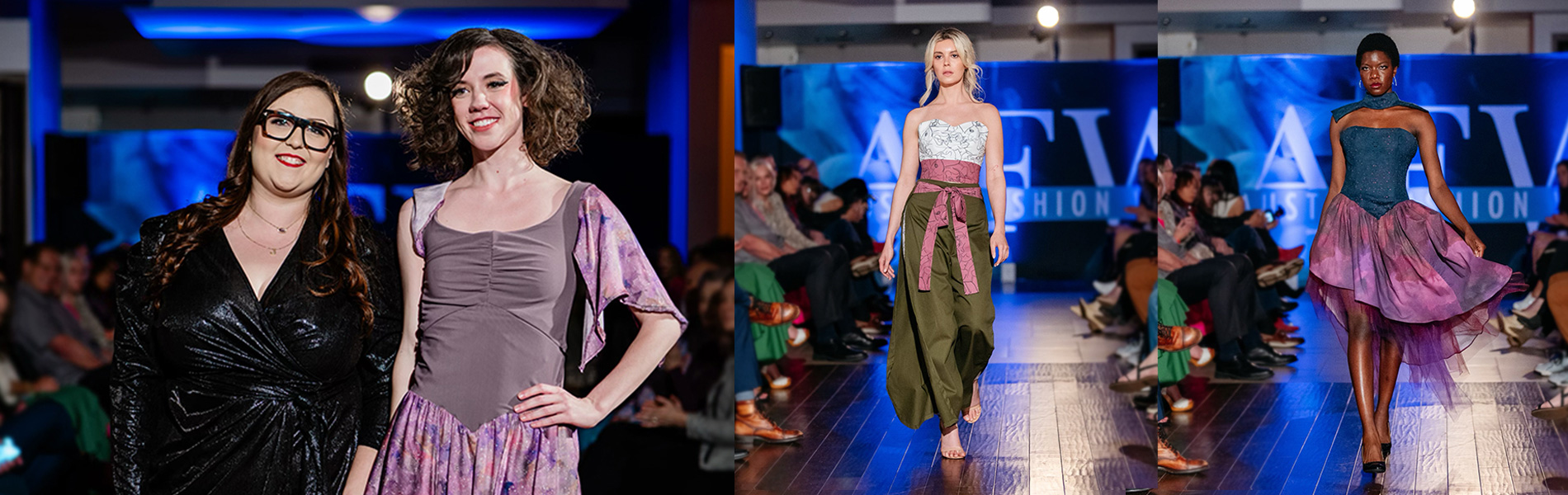 An MFA fashion student wearing a black dress and glasses standing next to her model, wearing a stylish purple dress. The middle and right sections show two models walking the runway in colorful outfits.