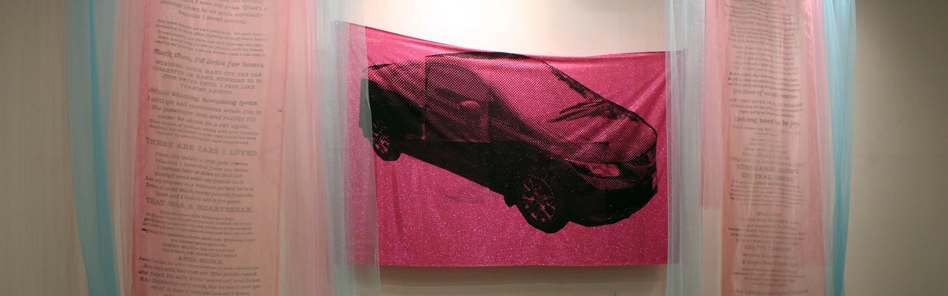 Screenprint of a car on a large canvas with pastel curtains on the sides.