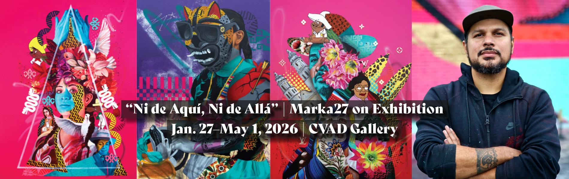 Three colorful paintings by Víctor "Marka27" Quiñonez and his portrait.