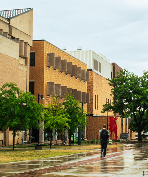 Rainy day view of the Art Building.