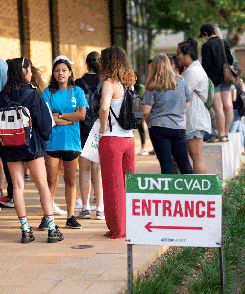 Students at the entrance of the Art Building