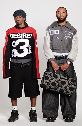 Two menswear designs in red, black and gray by Quinton Patten.