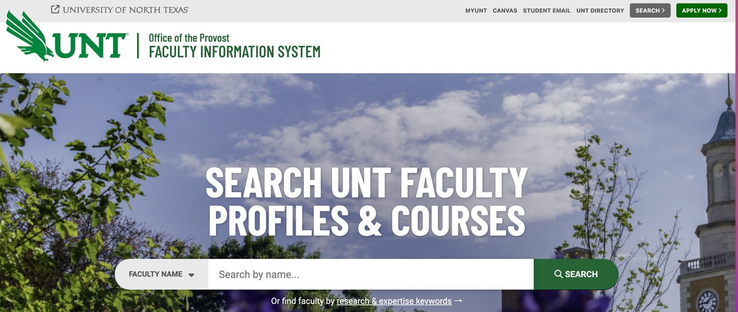 Screen grab of the UNT Faculty Information System's home page.