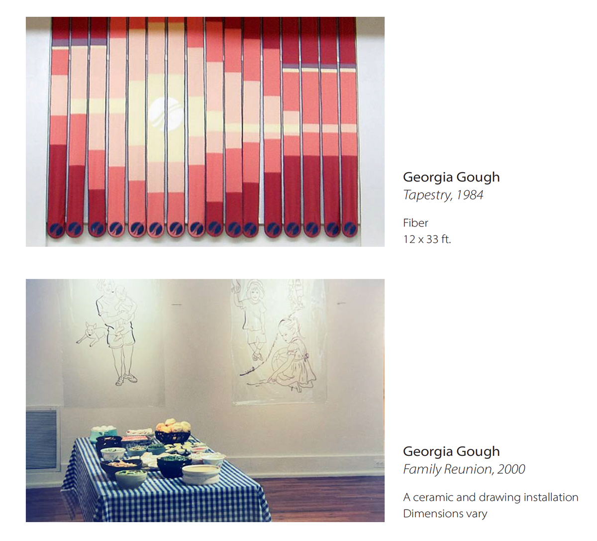 Art by Billie Gough, a wall hanging and a table setting with illustrations