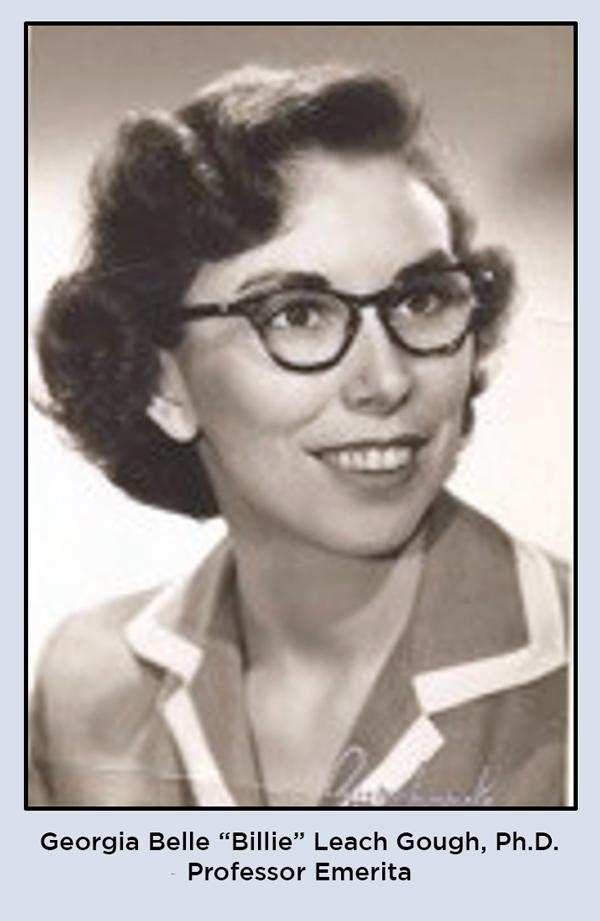 Billie as a young woman has short wavy hair and wears glasses.