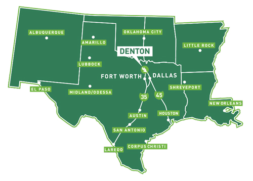 Map of five states showing UNT with a star.