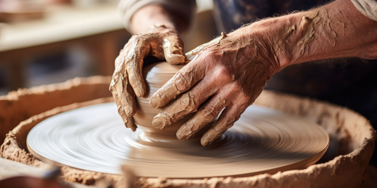 A person's hands molding wet clay on a potter's wheel.