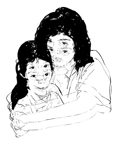 Black and white image of a woman hugging a child repeated three times on the canvas. They face the viewer.