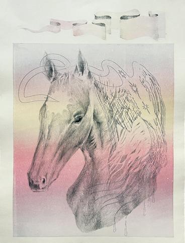 Pencil drawing of the head and shoulders of a horse with pastels.