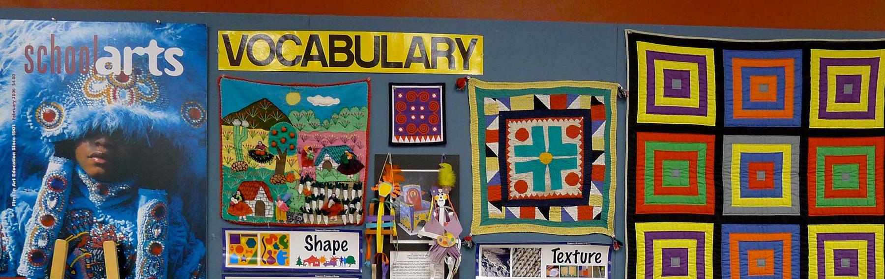 Classroom wall with examples of art-vocabulary words