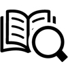 Black and white line drawing of a book with a magnifying glass examining a page.