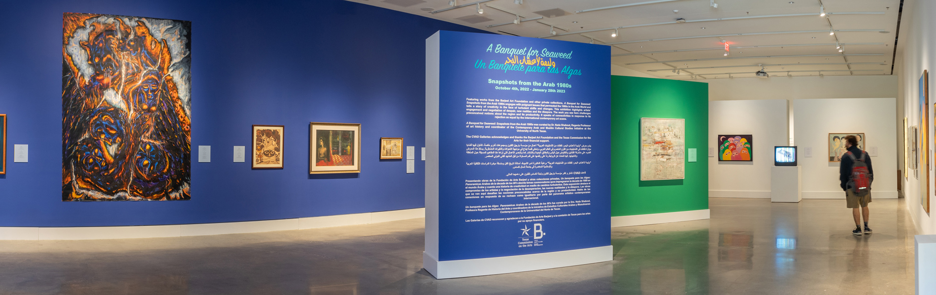 A wide view of the CVAD Gallery with art hung on walls painted blue or green.