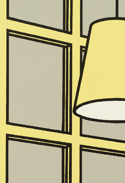 Detail from a print, yellow window with part of a lamp