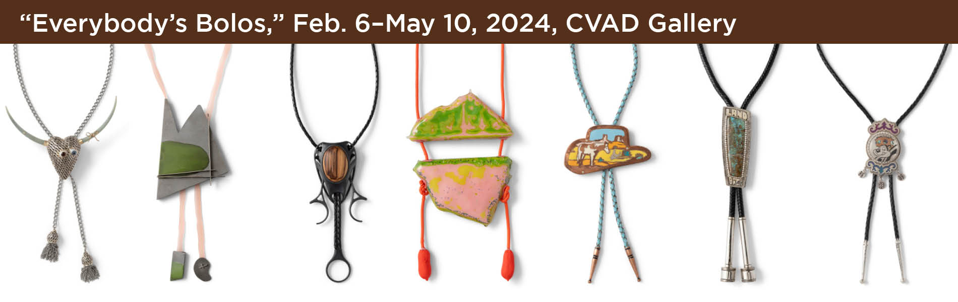 Seven bolo ties of various styles and materials