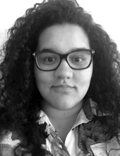 Clarissa Gonzales, black and white photo, woman wearing glasses