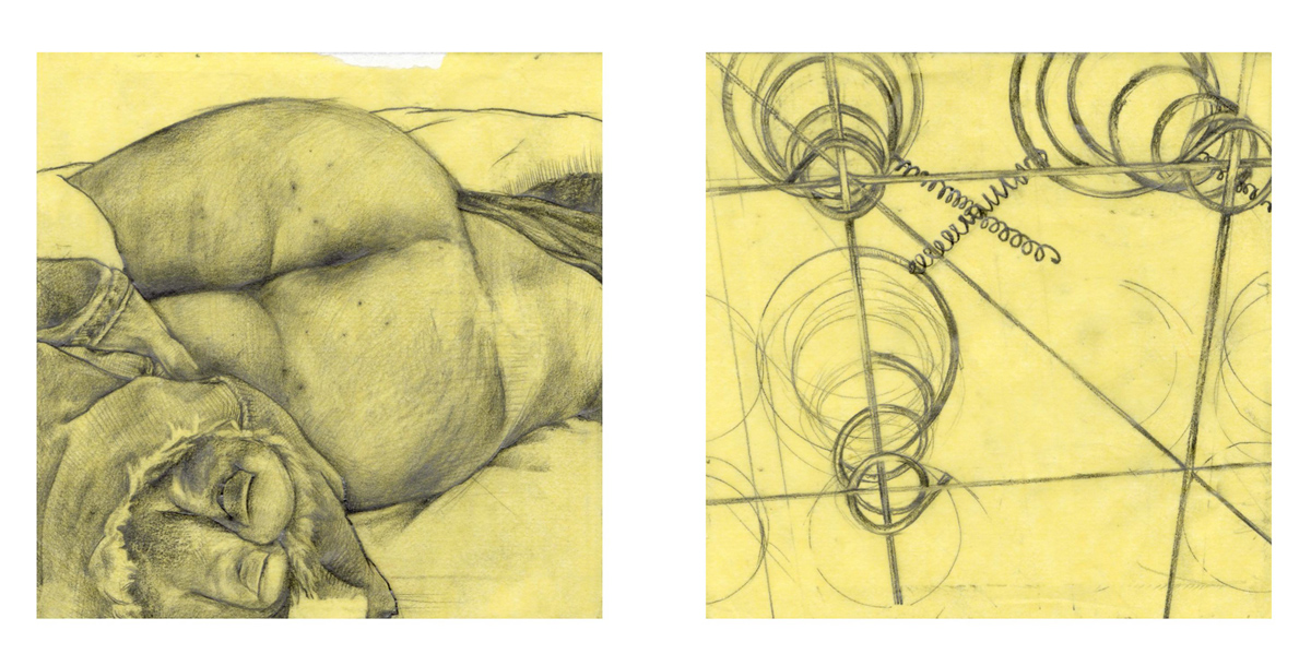 Two graphite drawings on light yellow paper. One with a partially nude body laying on a bed and the other with a drawing of large and small wire springs.