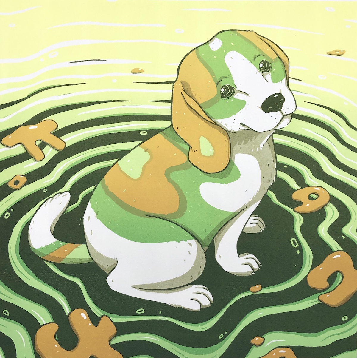 Printed image of a small dog, looking up, sitting in a puddle. The colors are white, orange, and different values of green.