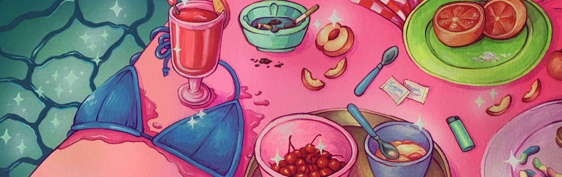 Detail of a painting in bright colors of poolside items, a bikini top, beverages, fruit