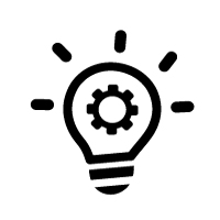 Line drawing of a light bulb with a gear box in it. Icon for creative ideas.