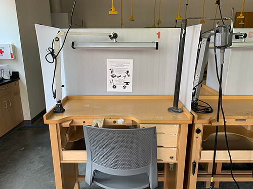 Metalsmithing and Jewelry classroom in Studio Art with barriers for physical distancing 