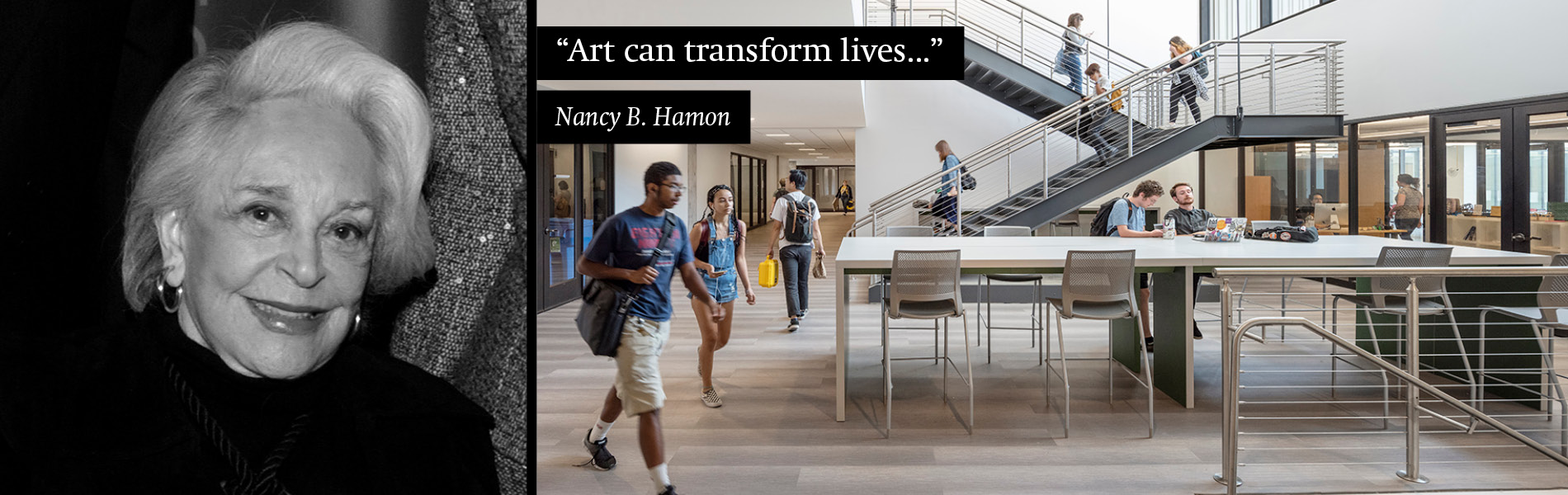 Nancy B. Hamon and students in the Art Building halls