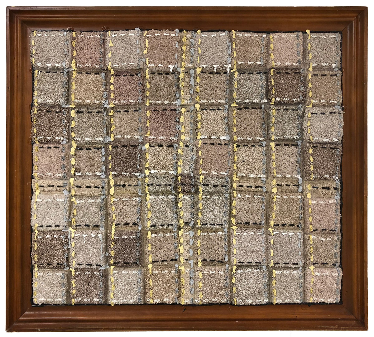 A 56 square grid of carpet samples with white, yellow, blue, and black acrylic paint that resemble stitches. Carpet is inside of a brown wooden frame.