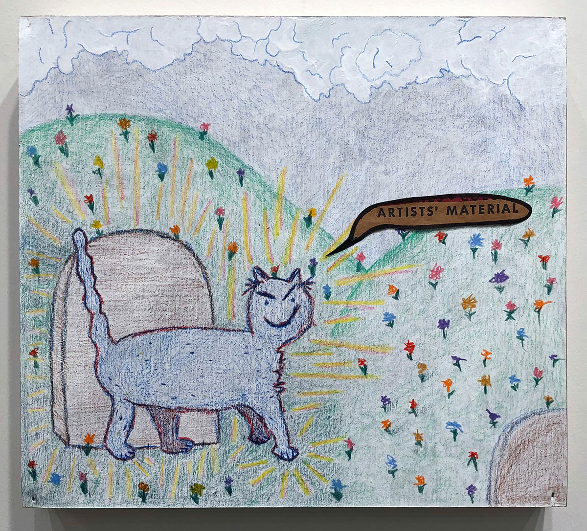 Crayon drawing of a blue cat walking beside a tombstone which is surrounded by flower-covered hills