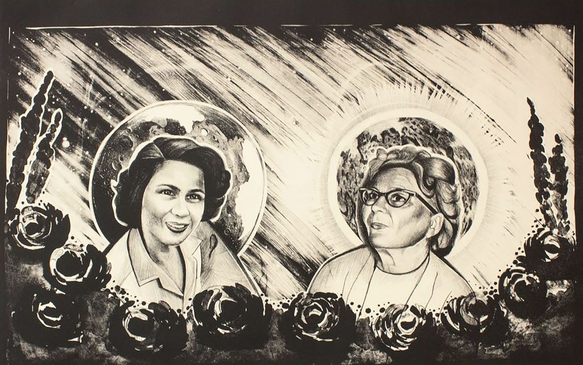 Black and white print depicting the head and shoulders of two women having planets behind them that suggest halos.