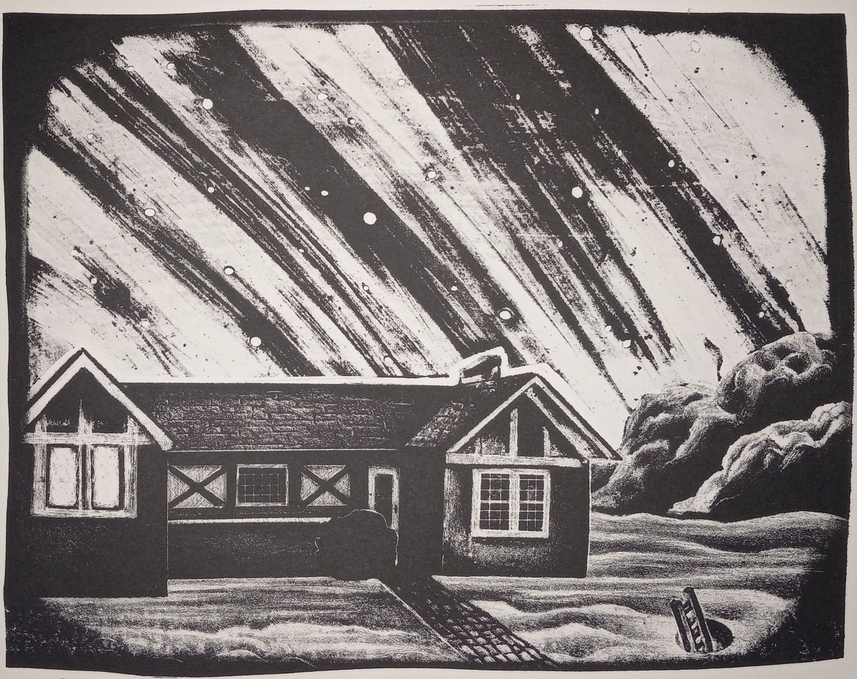 Black-and-white print of a cottage with a stone sidewalk in the clouds. A ladder pokes up through a hole beneath it.