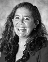 Heidi Strobel, black and white photo, long hair, smiling