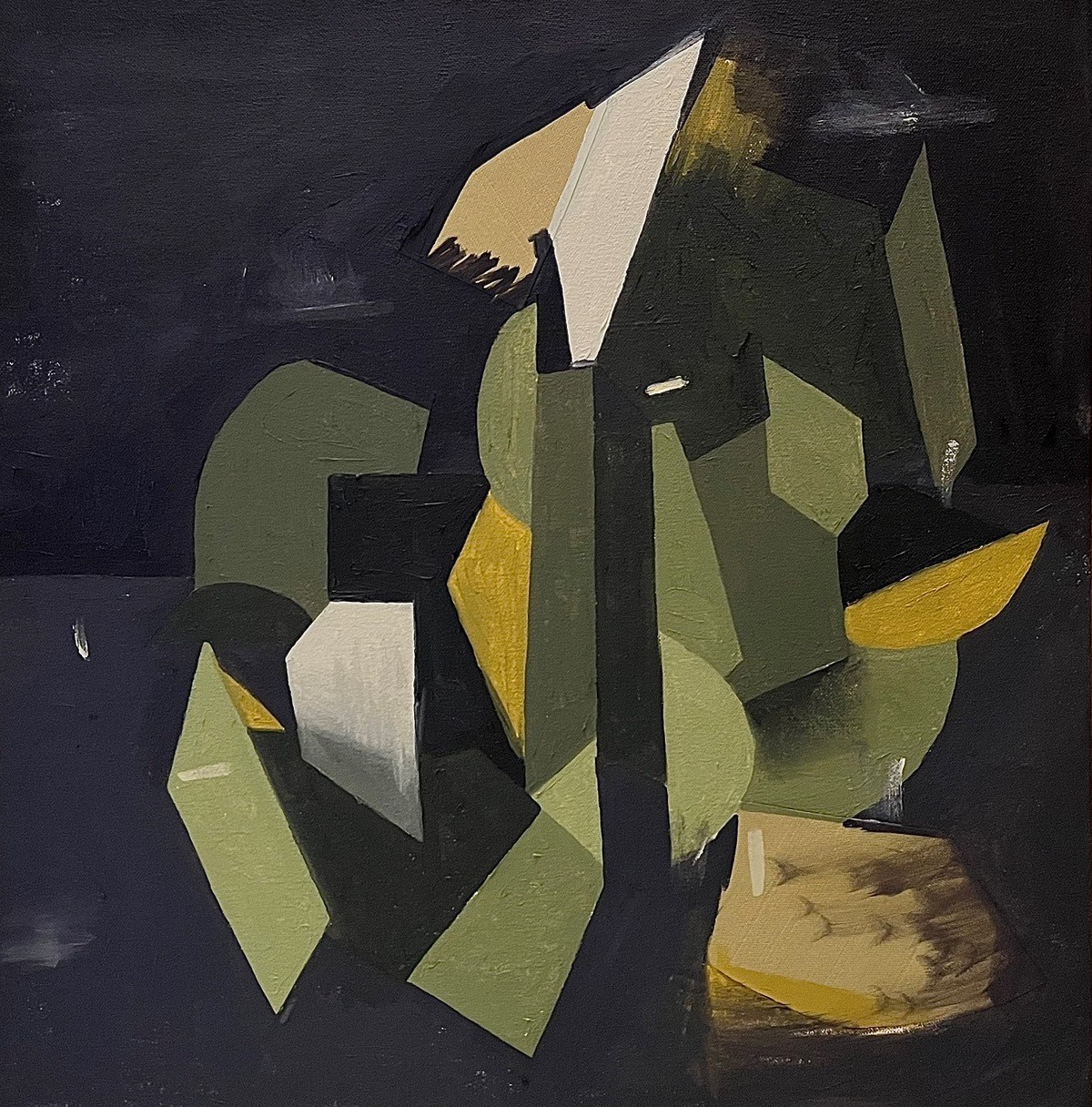 This oil painting has geometric forms in varying shades of green and browns with a dark black background.