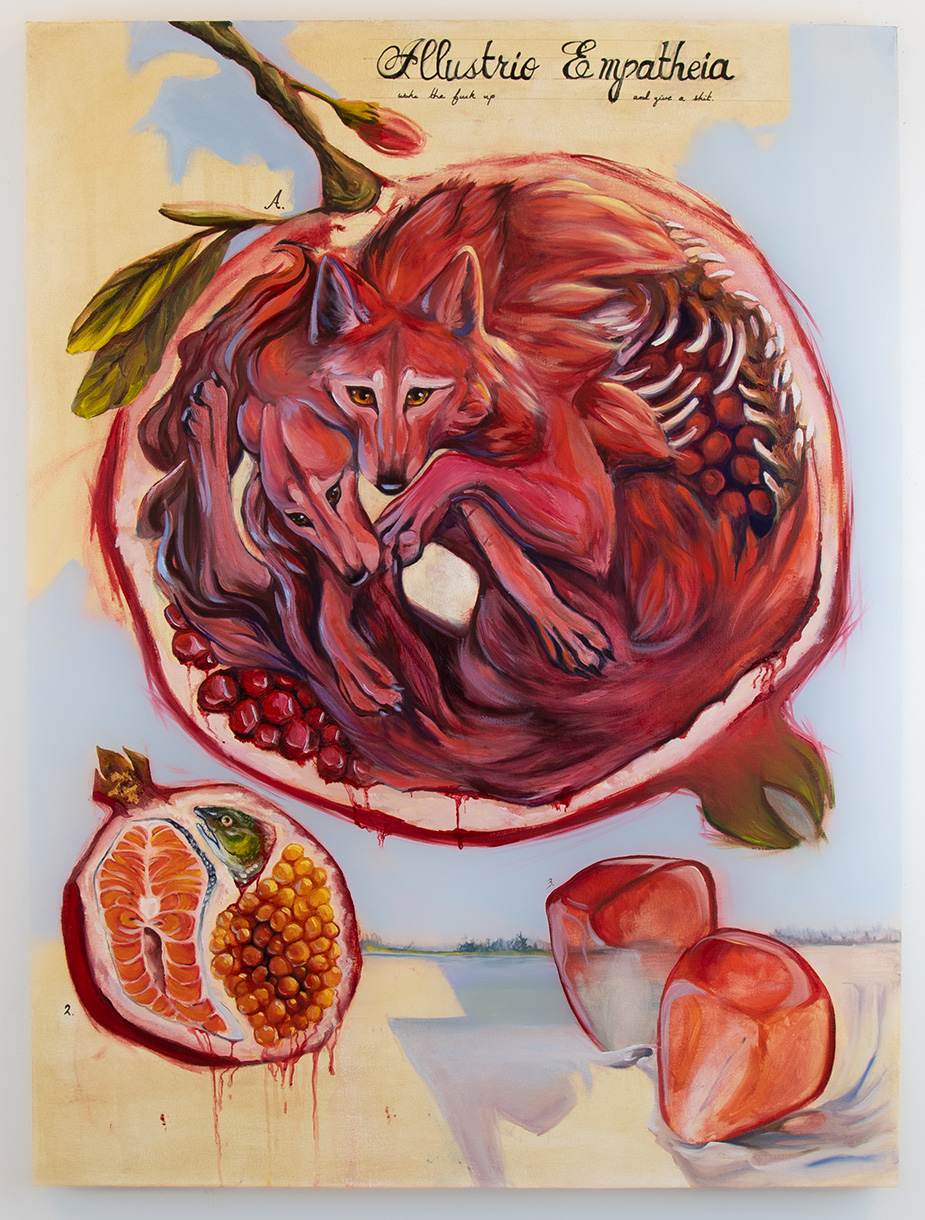 Painting of a pomegranate sliced open to reveal animals inside it. Smaller fruits or pods are below the larger one.
