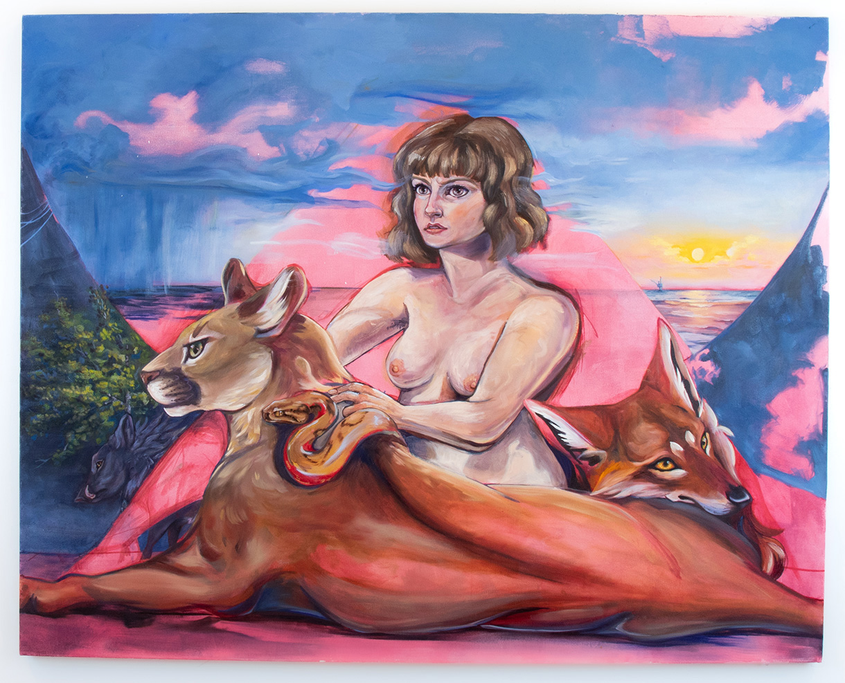 Colorful painting of a nude woman petting wild animals that look like a lioness and a fox in a landscape.
