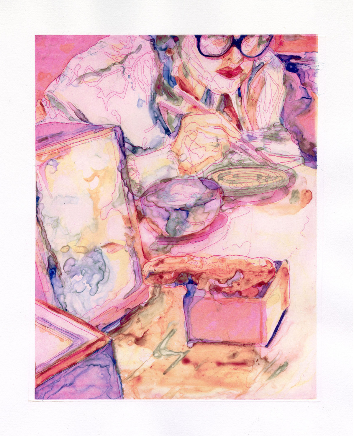 Young woman with glasses, holding chopsticks and hunched over small plates. Bright colors and thin pink lines form the figure and objects at the table.