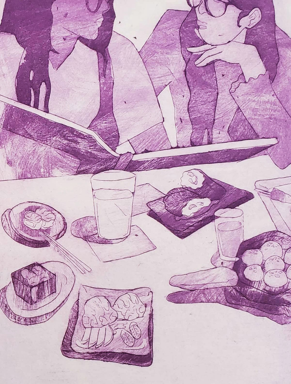 Rendered in shades of purple. Two women talking to each other while looking through a menu with dishes and beverages in front of them.